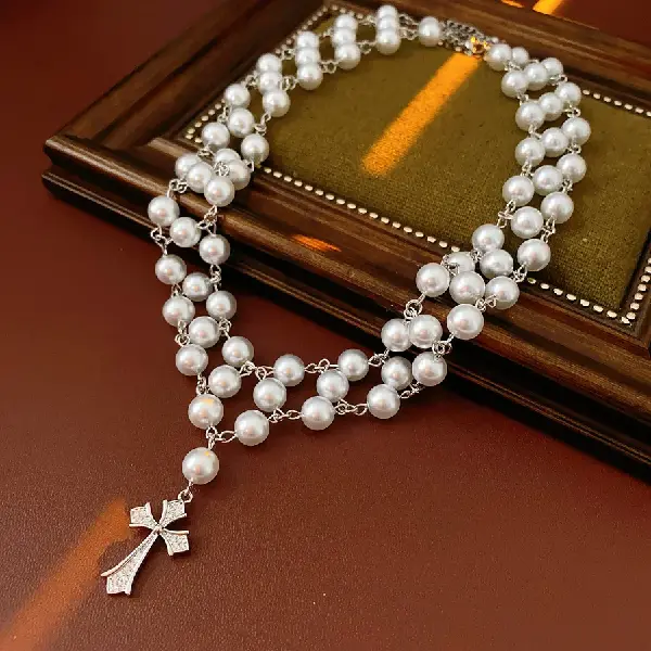 68# Pearl Zircon Cross Pendant Necklace,tkmbeautysupply.com