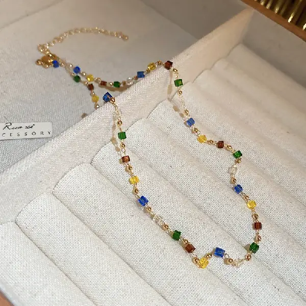 Blue Square Crystal Necklace,tkmbeautysupply.com
