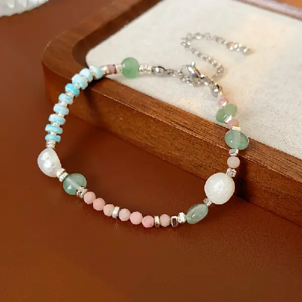 #2 Green-Blue-Pink-Pearl Artificial Stone Bracelet,tkmbeautysupply.com