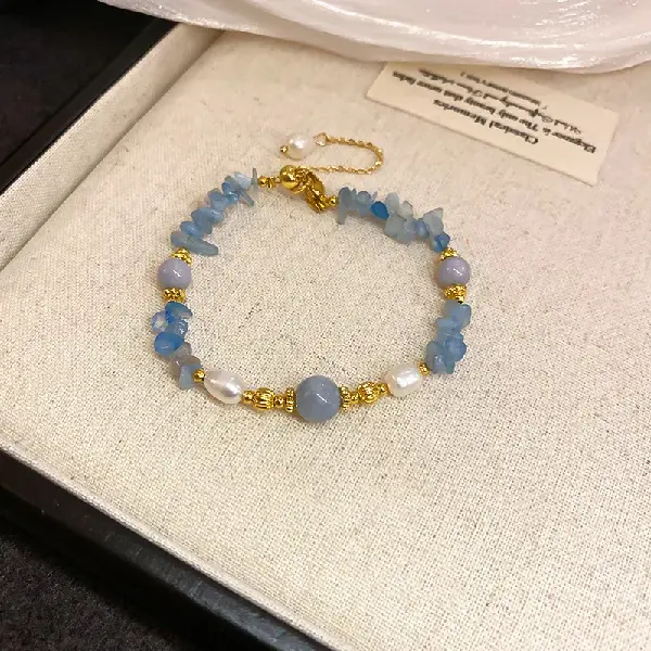 #3 Gold-Blue-Pearl Aquamarine Bracelet,tkmbeautysupply.com