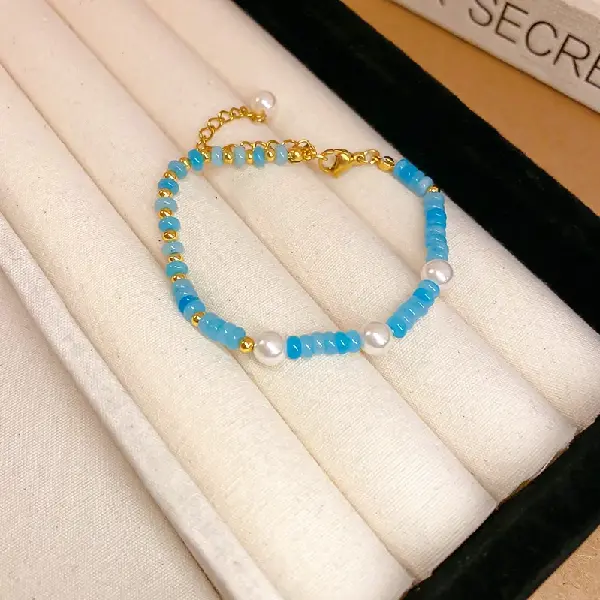 #6 Blue-Amazonite Pearl Bracelet,tkmbeautysupply.com