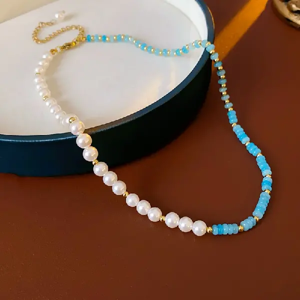 #10 Gold-Blue-White-Amazonite Pearl Necklace,tkmbeautysupply.com