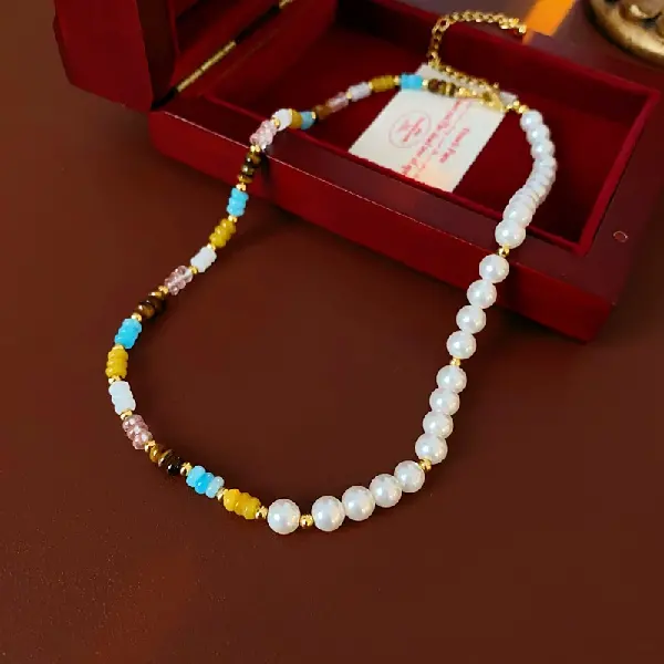 #11 Color-Pearl Tiger Eye Stone Artificial Stone Necklace,tkmbeautysupply.com