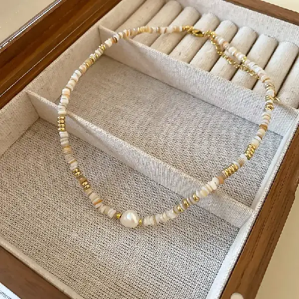 #14 Gold - Khaki Artificial Stone Baroque Pearl Necklace (Real Gold Plating),tkmbeautysupply.com