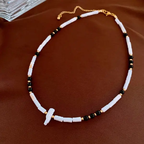 #37 White-Black-Freshwater Pearl Shell Necklace,tkmbeautysupply.com
