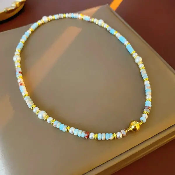 #45 Blue-White-Pearl Shoushan Stone Necklace,tkmbeautysupply.com