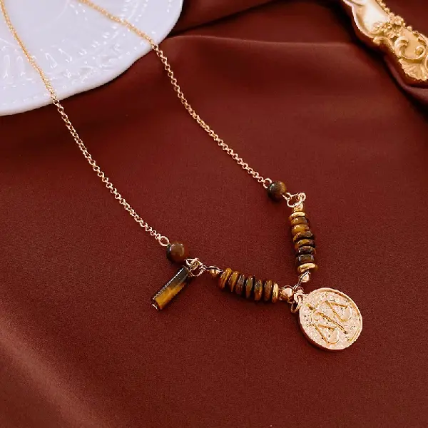 #51 Gold-Coffee-Balanced Tiger Eye Stone Necklace,tkmbeautysupply.com