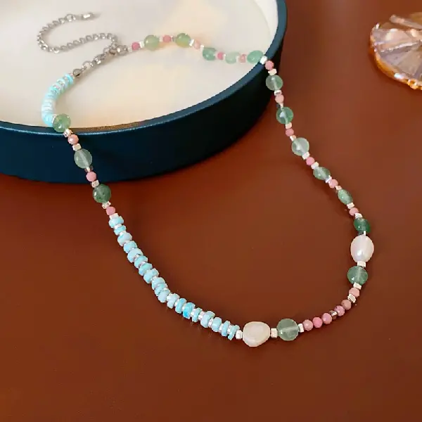 #56 Green-Blue-Pink-Artificial Stone Pearl Necklace,tkmbeautysupply.com