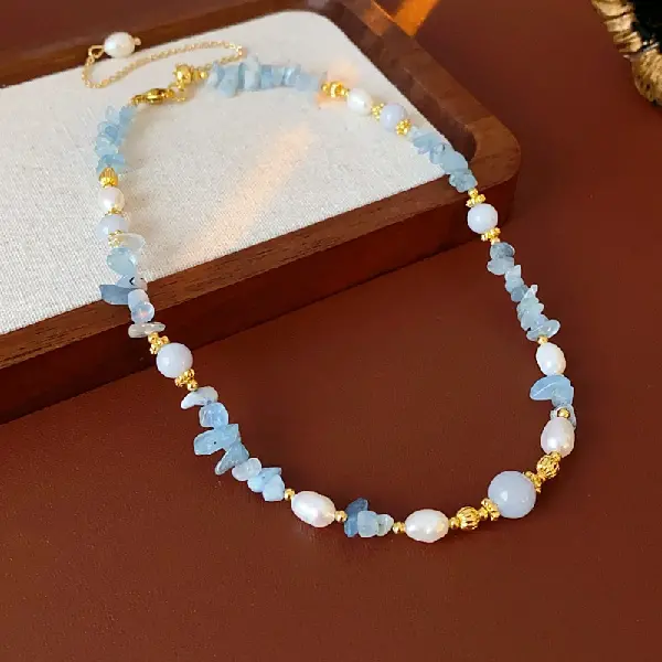 #57 Gold-Blue-Pearl Aquamarine Necklace,tkmbeautysupply.com