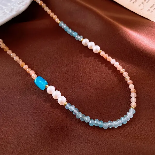 #59 Gold-Pink-Blue-Square Aquamarine Pearl Necklace,tkmbeautysupply.com