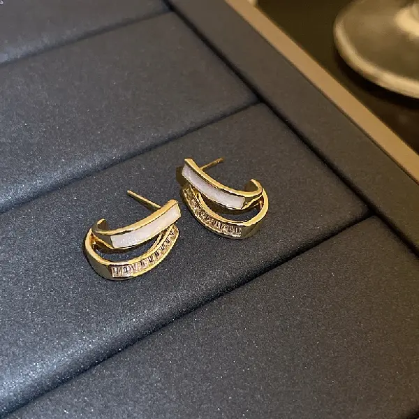 Silver Needle Set Diamond C-shaped Double Layer Earrings,tkmbeautysupply.com