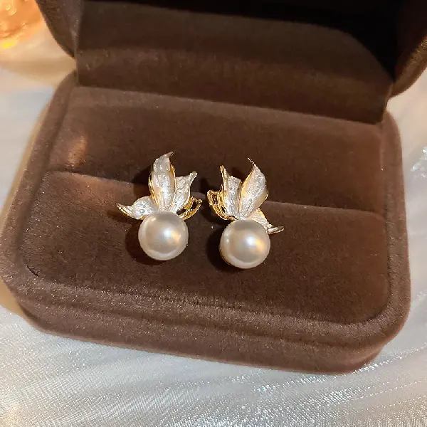 Silver Needle Oil Drop Leaf Butterfly Pearl Stud Earrings,tkmbeautysupply.com