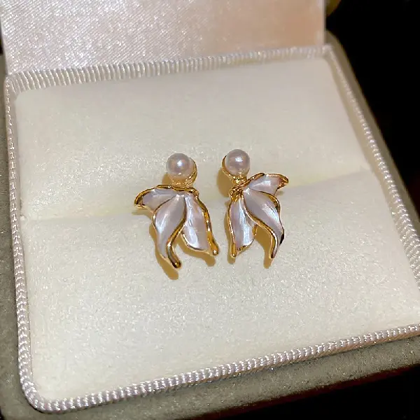 Silver Needle Oil Drop Pearl Wing Petal Stud Earrings,tkmbeautysupply.com