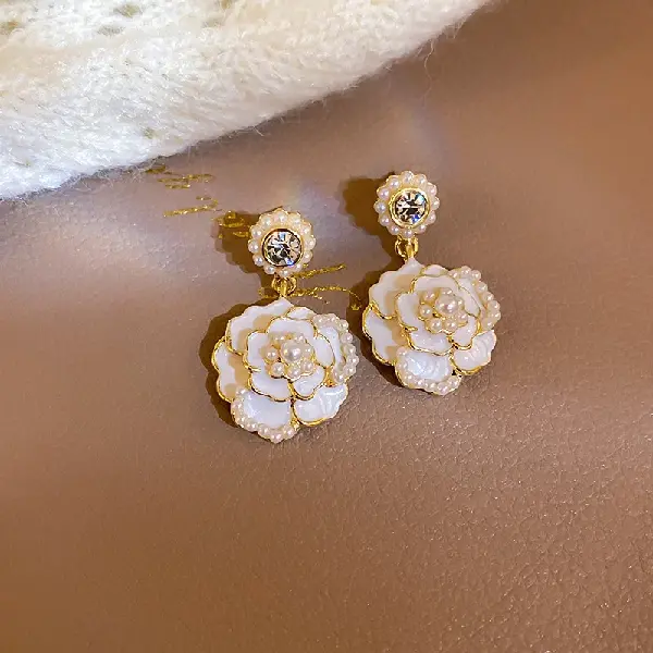 Silver Needle Oil Drop Diamond Pearl Flower Earrings,tkmbeautysupply.com