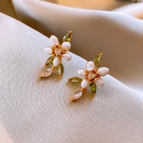 Silver needle oil dripping zircon love flower earrings (real gold plating),tkmbeautysupply.com