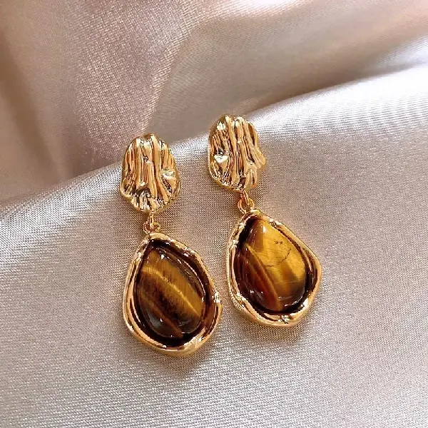 3# silver needle tiger eye stone earrings (real gold plating),tkmbeautysupply.com