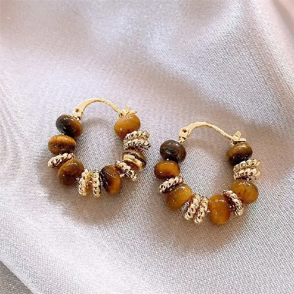 4# round tiger eye stone beaded pendant earrings,tkmbeautysupply.com