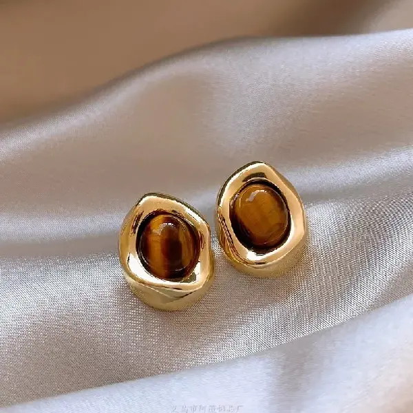 6# silver needle oval tiger eye stone earrings (real gold plating),tkmbeautysupply.com