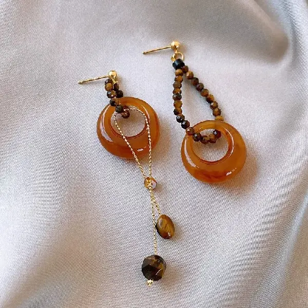 8# Silver Needle Resin Tiger Eye Stone Round Stud Earrings,tkmbeautysupply.com