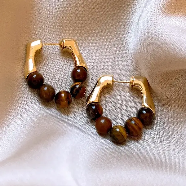 9# silver needle oval tiger eye stone earrings (real gold plating),tkmbeautysupply.com