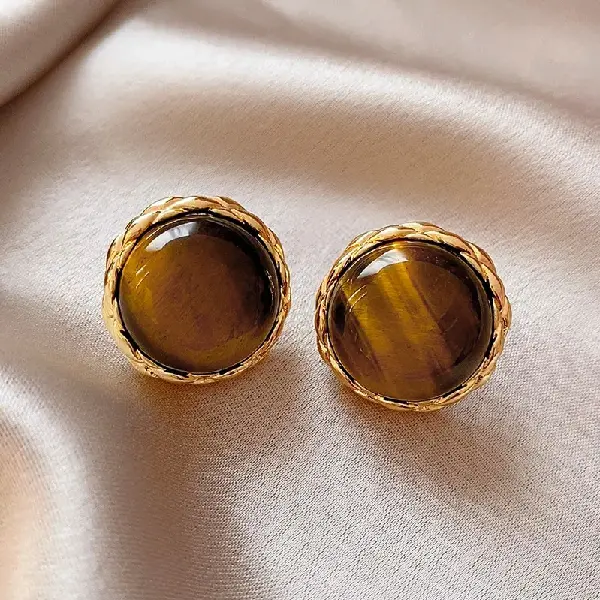 10# Silver Needle Tiger Eye Stone Round Stud Earrings,tkmbeautysupply.com
