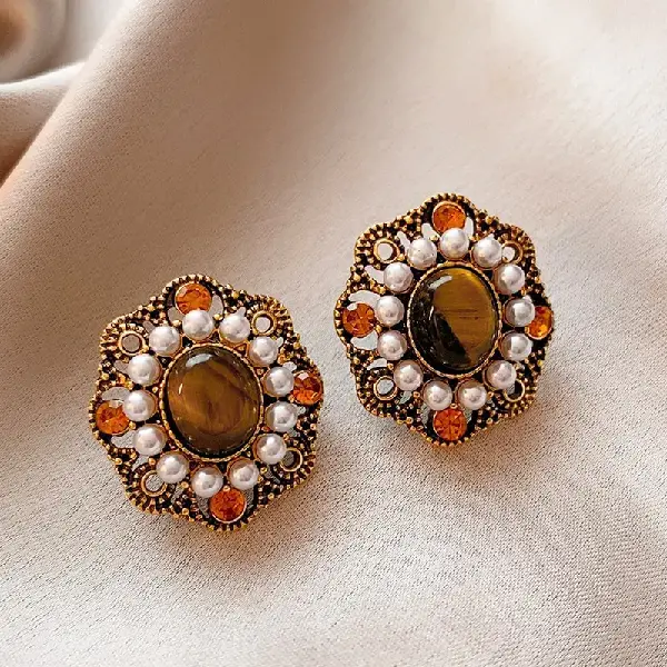 11# Silver Needle Set Diamond Pearl Tiger Eye Stud Earrings,tkmbeautysupply.com
