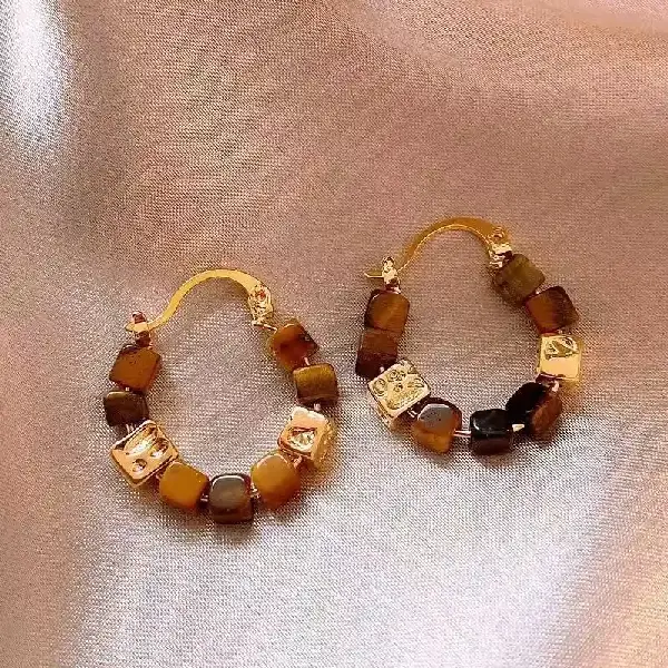 13# square tiger eye stone earrings (real gold plating),tkmbeautysupply.com