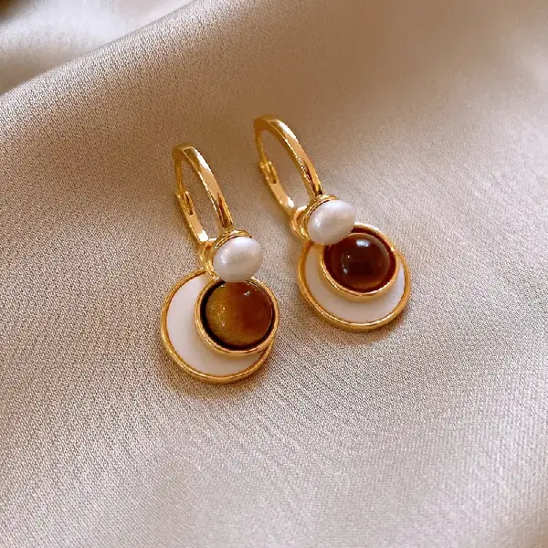 16# round tiger eye stone pearl earrings (real gold plating),tkmbeautysupply.com