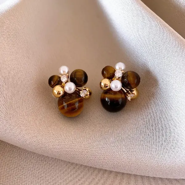 17# silver needle zircon tiger eye stone pearl earrings,tkmbeautysupply.com