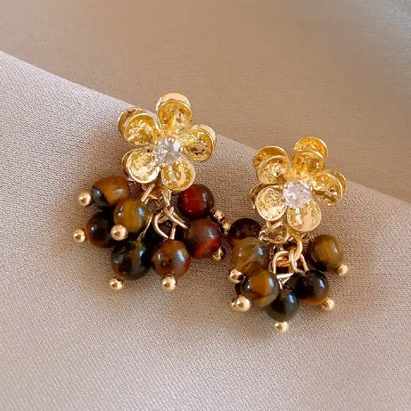 19# silver needle zircon flower tiger eye stone tassel earrings,tkmbeautysupply.com