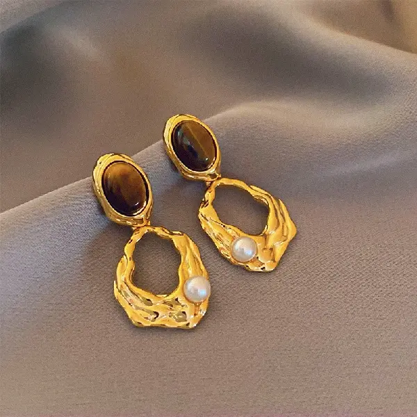 20# silver needle tiger eye stone pearl earrings (real gold plating),tkmbeautysupply.com