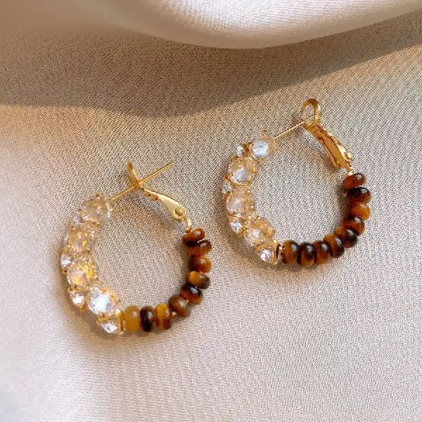 21# silver needle zircon tiger eye stone earrings (real gold plating),tkmbeautysupply.com