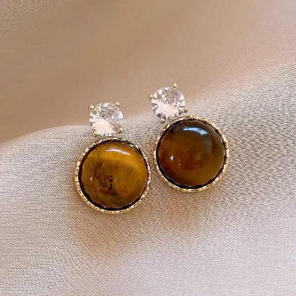 22# silver needle zircon tiger eye stone earrings (real gold plating),tkmbeautysupply.com