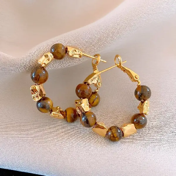 23# silver needle tiger eye stone round earrings (real gold plating),tkmbeautysupply.com