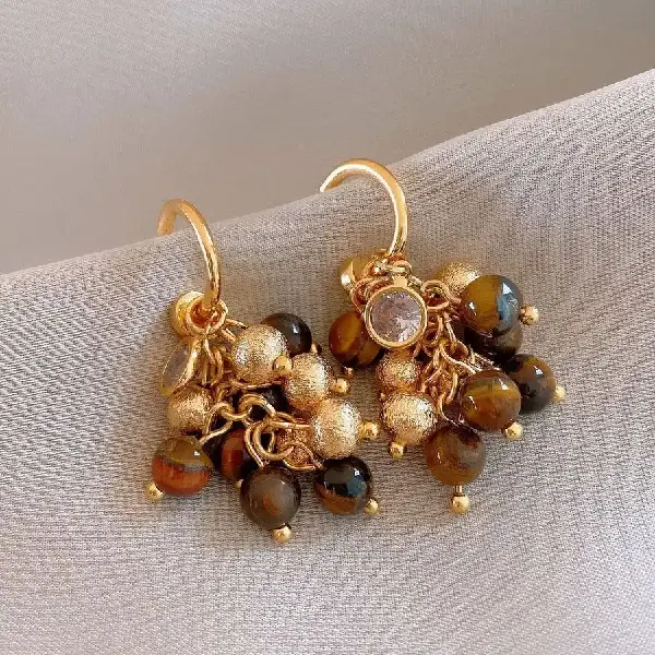 26# silver needle zircon tiger eye stone tassel earrings,tkmbeautysupply.com