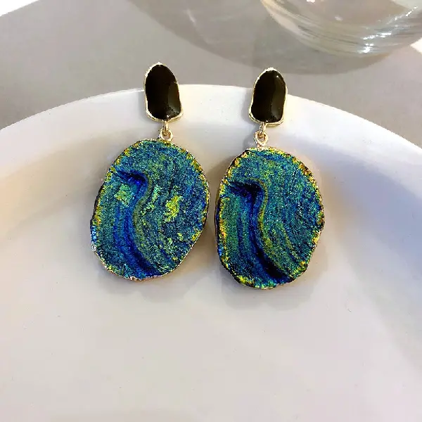 Silver Needle - Pleated Irregular Oval Oleoresin Drop Earrings,tkmbeautysupply.com
