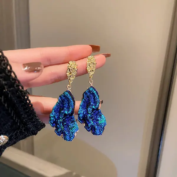 Silver Needle-Blue Pleated Geometric Irregular Earrings,tkmbeautysupply.com