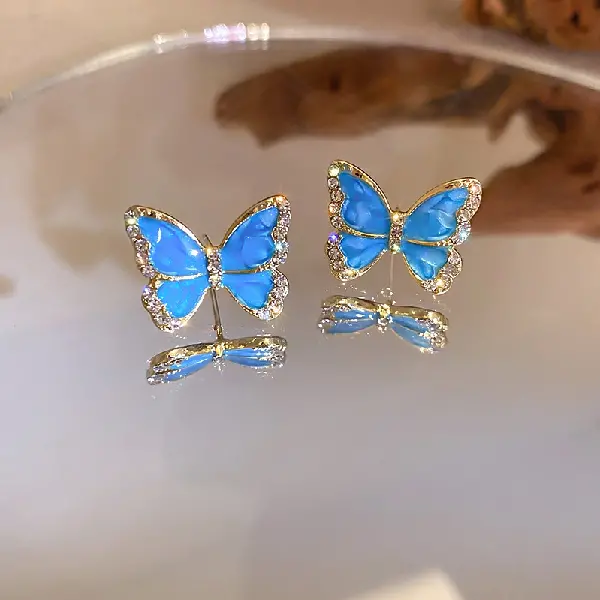 Silver Needle-Diamond Blue Butterfly Earrings,tkmbeautysupply.com