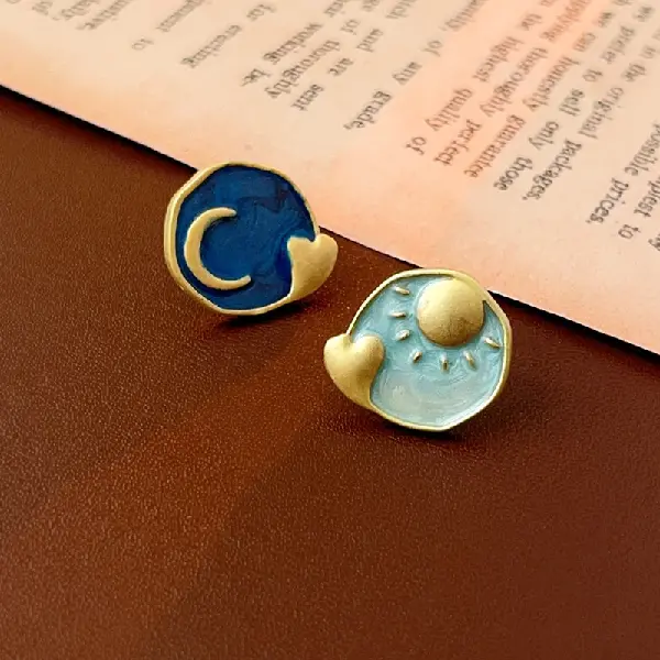 Silver Needle-Drip Oil Love Sun Moon Star Earrings,tkmbeautysupply.com