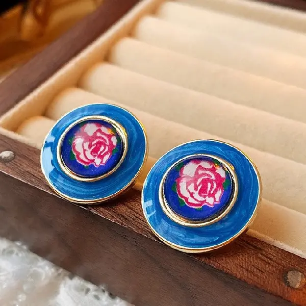 Blue-Silver Needle Oil Drop Rose Flower Stud Earrings,tkmbeautysupply.com