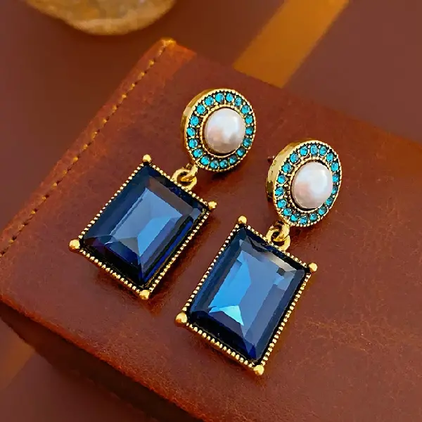 Blue-Silver Needle Diamond Pearl Round Square Stud Earrings,tkmbeautysupply.com
