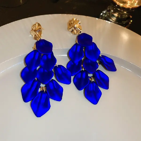 Blue.-Silver Needle Acrylic Petal Tassel Stud Earrings,tkmbeautysupply.com