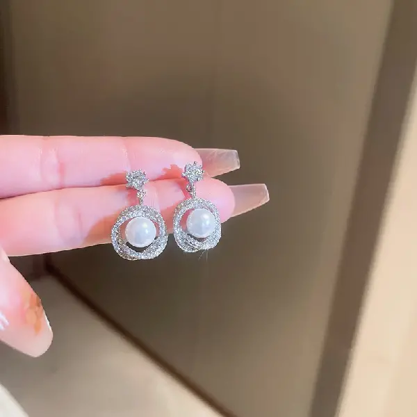 1# Silver Needle-Diamond Pearl Earrings,tkmbeautysupply.com