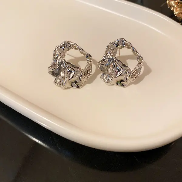7# Silver Needle-Irregular pleated hollow stud earrings,tkmbeautysupply.com