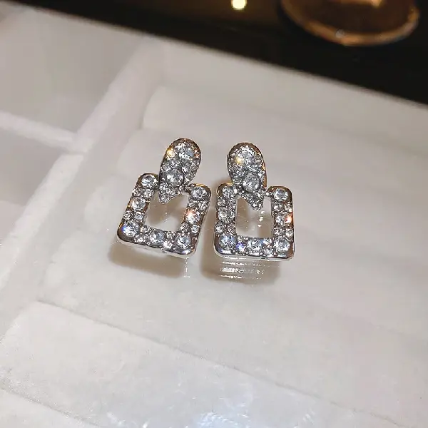 12# Silver Needle-Diamond Geometric Droplet Square Stud Earrings,tkmbeautysupply.com