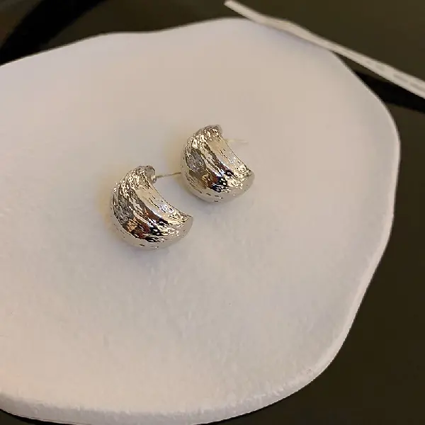 13# Silver Needle-Geometric C-shaped pleated bean curved earrings,tkmbeautysupply.com