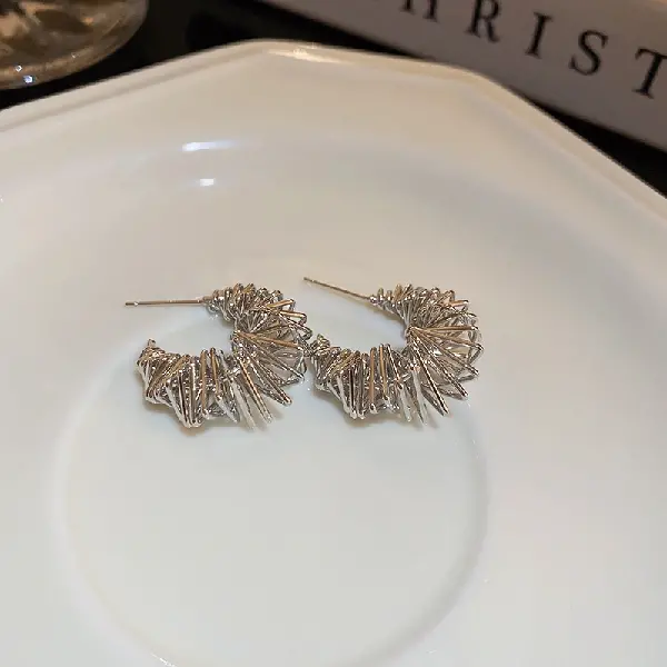 21# silver needle-scale twisted C-shaped earrings,tkmbeautysupply.com