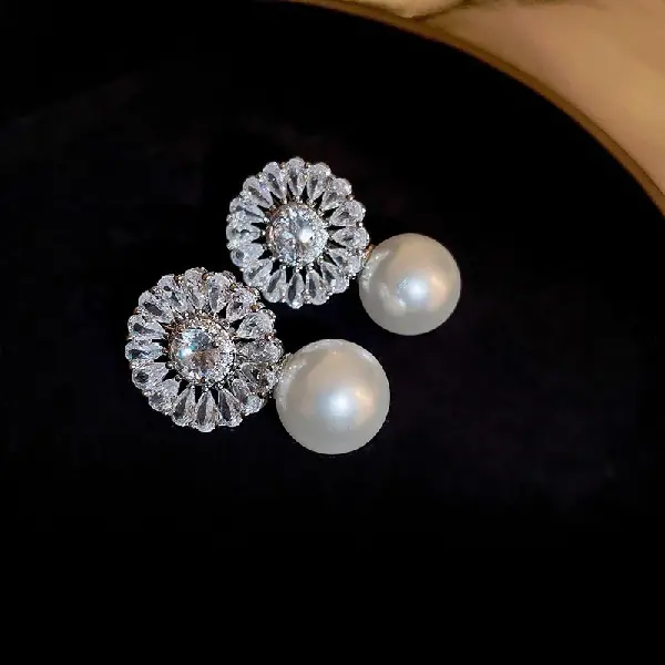 33# Silver Needle-Zircon Flower Pearl Stud Earrings,tkmbeautysupply.com