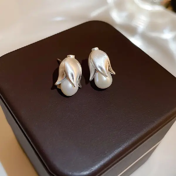 35# Silver Needle-Pearl Bud Flower Earrings,tkmbeautysupply.com