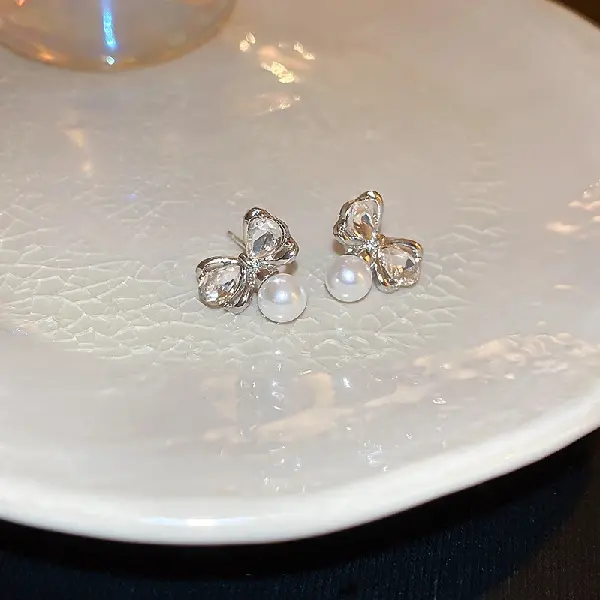 41# Silver Needle-Diamond Bow Pearl Stud Earrings,tkmbeautysupply.com